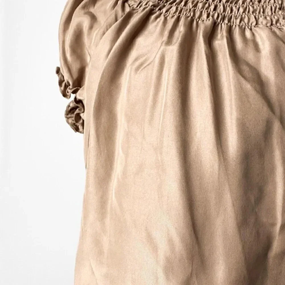 Vintage Y2K 90s Silk Beige Brown Puffy Sleeve Knee Length Boho Dress Size S/M/L